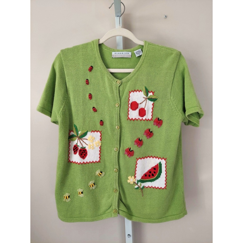 Classics by Marisa Christina Green Fruit & Insect Beaded Knit Cardigan Small